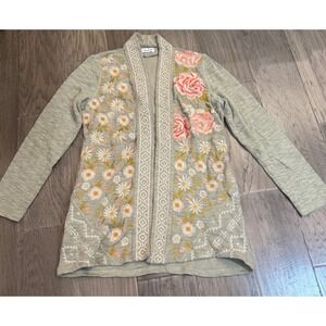 Time for Me‎ Cardigan M Embroidered Floral Knit Open Front Sweater Jacket Green